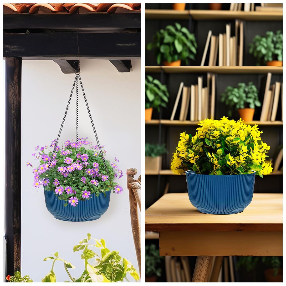 RooTrimmer Hanging Planters for Indoor Plants 9/10/11 Inch, 3 Pack Plant Hanger Outdoor with Drainage Holes, Self Watering Hanging Basket Flower Pot for Garden Home Decor, Dark Blue