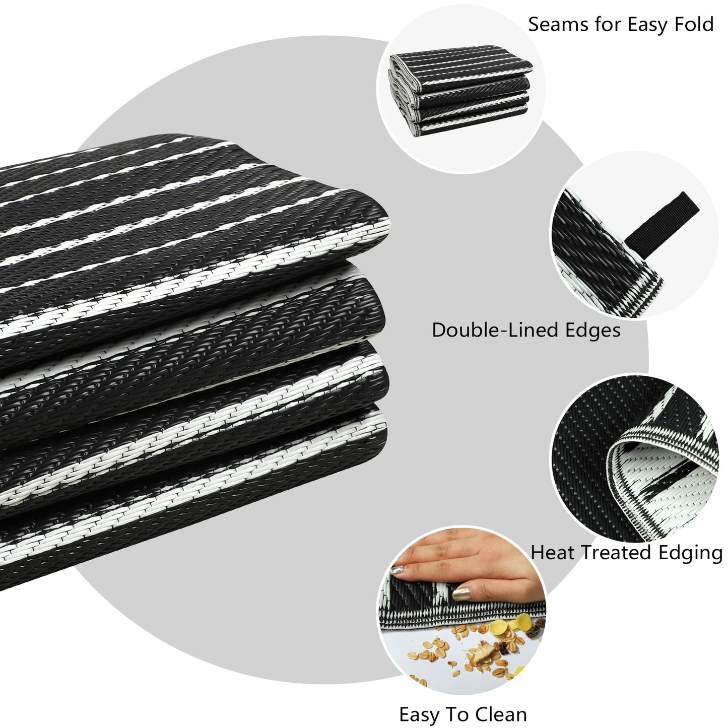 Falflor 150x245cm Outdoor Rug for Patios Waterproof Reversible Garden Rugs Plastic Picnic Blanket Indoor Outdoor Rug Floor Carpet for RV Backyard Beach Picnic Balcony(Black)