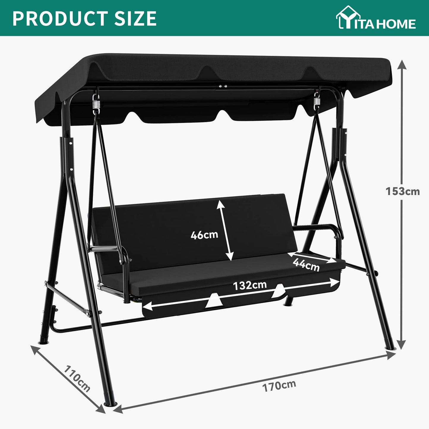YITAHOME Canopy Swing Chair, 3 Seater Garden Swing Seat Chair, Outdoor Swinging Chair Bench with Adjustable Canopy & Removable Cushion for Patio Poolside Porch, 270KG Loadable,170 x 110 x 153cm, Black