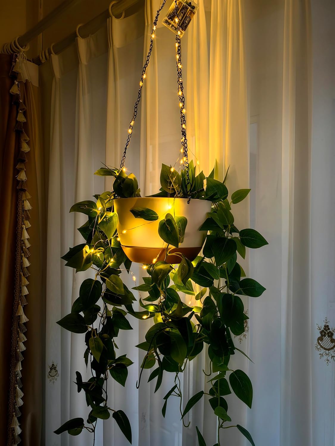 2 Pack Hanging Planters for Indoor Plants with LED Lights, Watering Hanging Pots Hanging Baskets Hanging Flower Pots with Drainage Holes & Removable Tray Outdoor Hanging Plants for Boho Home Window