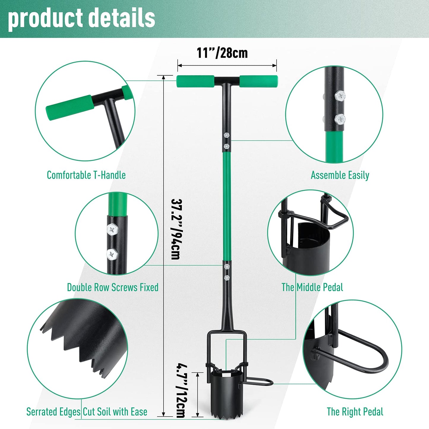 Hortem Bulb Planter Tool Long Handle, Long Handled Bulb Planter with Sliding Footrest for Easy Soil Pushing, Transplant Flowers, Seedlings or Vegetables without Bending