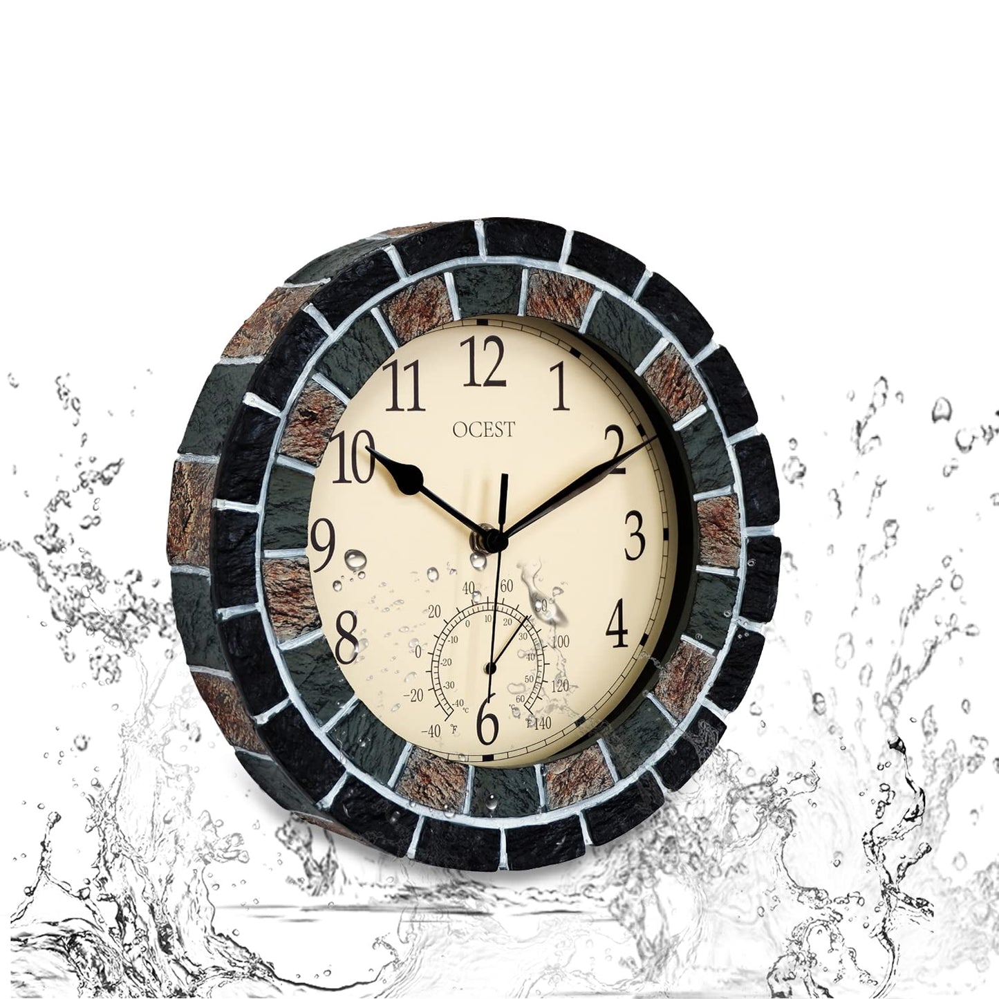 OCEST 10.5 Inch Garden Clock Outdoor Waterproof, Thermometer Silent Non-ticking Battery Operated Wall Clocks Retro Decorative for Pool, Kitchen, Patio