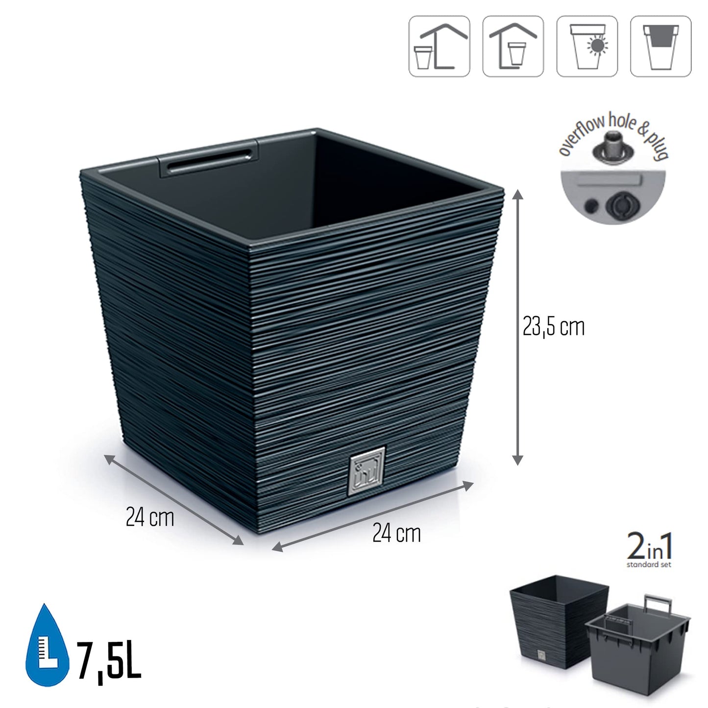 Prosperplast 2-in-1 Flower Pot with Inner Pot Planter Plastic Square Chisel Look Anthracite (24 cm x 24 cm x 23.5 cm)
