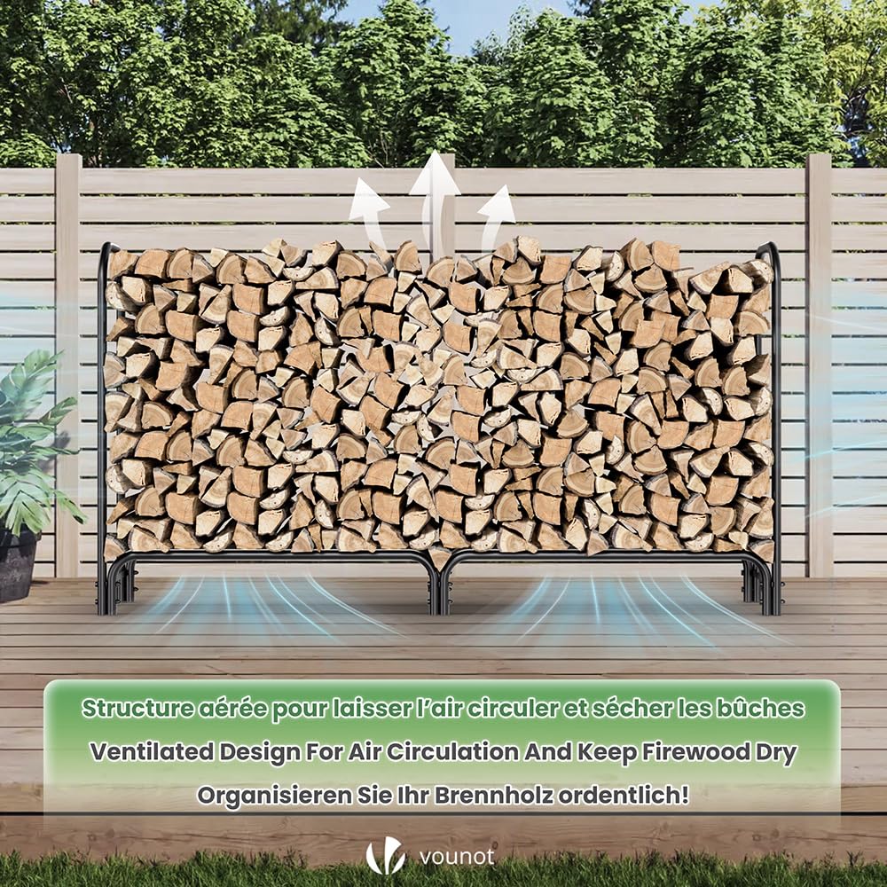 VOUNOT® Firewood Log Rack with Waterproof Cover, Metal Log Store Outdoor, 200 x 116 x 36 cm, Black