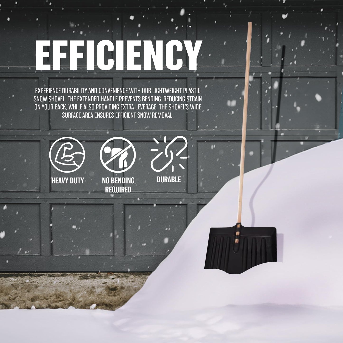 1.3m Snow Shovel - 30cm Wide Plastic Head, Pusher, Scooper, Mucking Out Emergencies | Ideal For Clearing Garden, Car, Truck, Driveway | Strong & Durable Spade & 110cm Wooden Handle – Heavy Duty 130cm