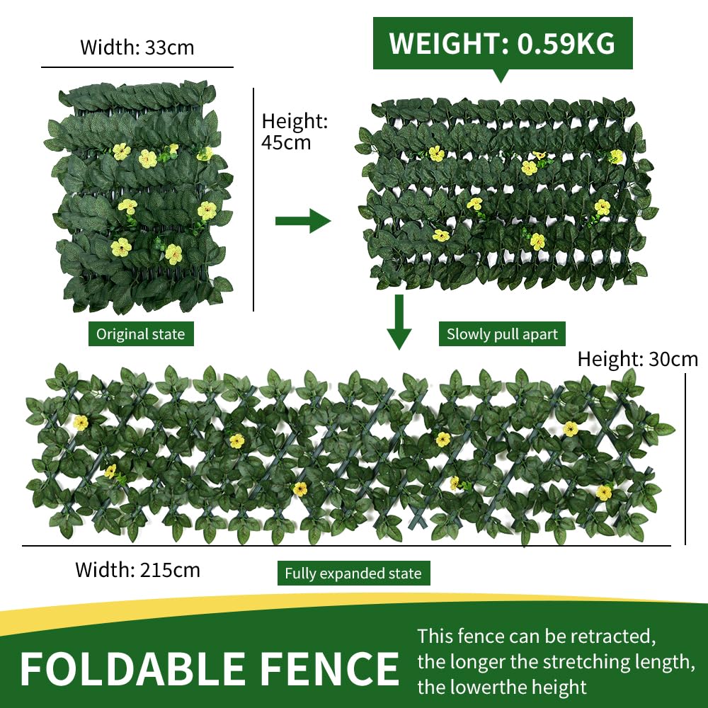 Expanding Garden Trellis Panels Expandable Garden Fence Screening with Flower | Expandable Fence Privacy Screen | Faux Ivy Privacy Screen | Garden Greenery | Balcony - 200x30cm (Yellow Flower)