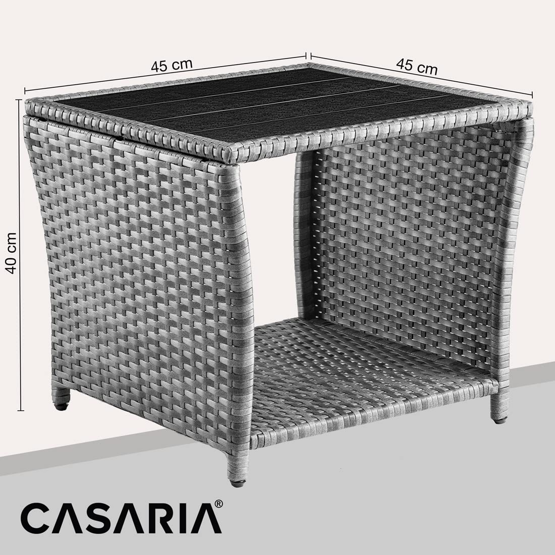 CASARIA® Polyrattan Garden Side Table WPC Table Top | 45x45x40cm 80kg Load Capacity | Weatherproof Outdoor Patio Deck Balcony Furniture Coffee Table | Adjustable Levelling Feet | Grey