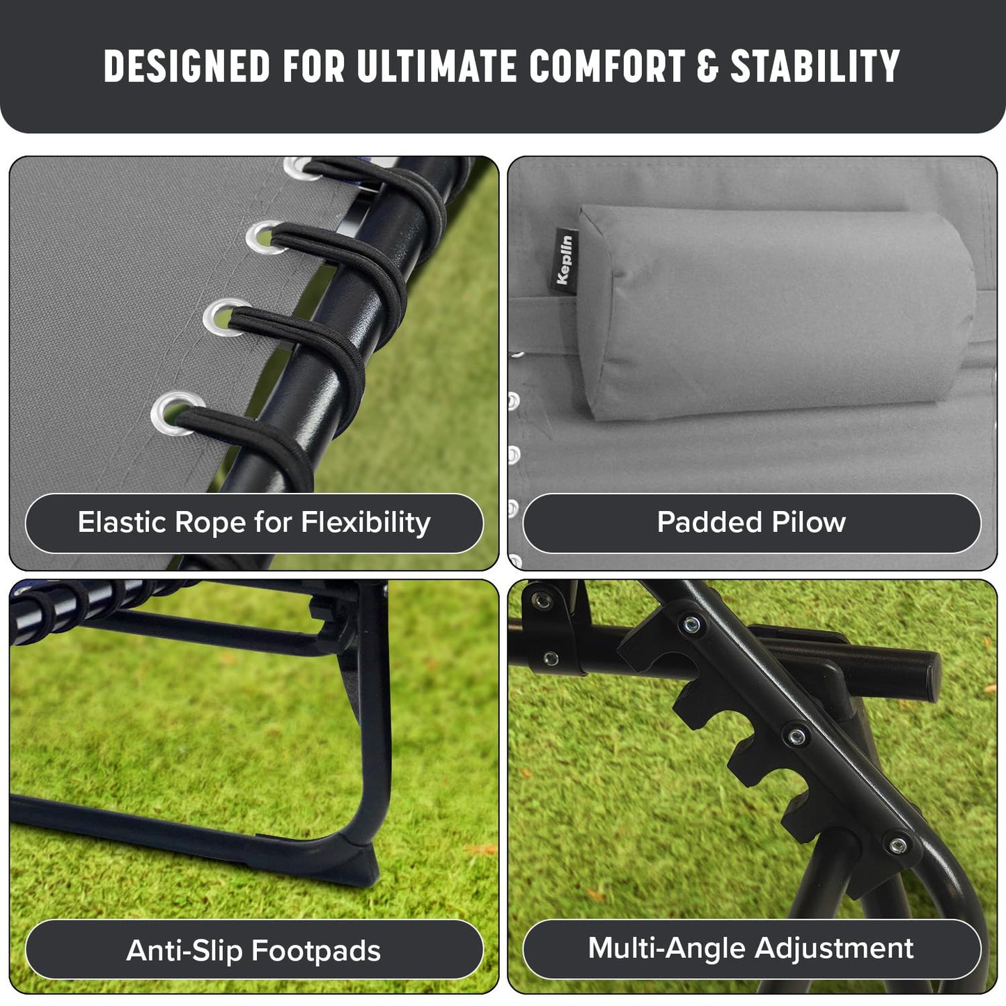 KEPLIN Foldable Recliner Sun Lounger - 600D Oxford Fabric - Adjustable Back and Leg Rests - Lightweight and Portable - Compact Space-Saving Design - Durable Outdoor Use - 190 x 65 x 30 cm (Grey)