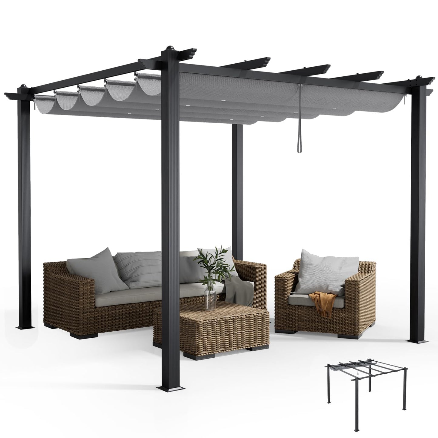 The Fellie 3M x 3M Aluminium Pergola with Retractable Roof, Outdoor Garden Gazebos Water-resistant, Large Metal Retractable Pergola Sun Shade Shelter for Garden, Patio, Poolside, Party, Light Grey