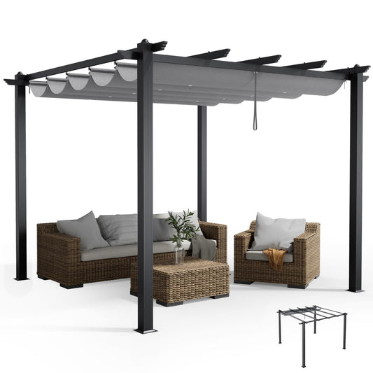 The Fellie 3M x 3M Aluminium Pergola with Retractable Roof, Outdoor Garden Gazebos Water-resistant, Large Metal Retractable Pergola Sun Shade Shelter for Garden, Patio, Poolside, Party, Light Grey