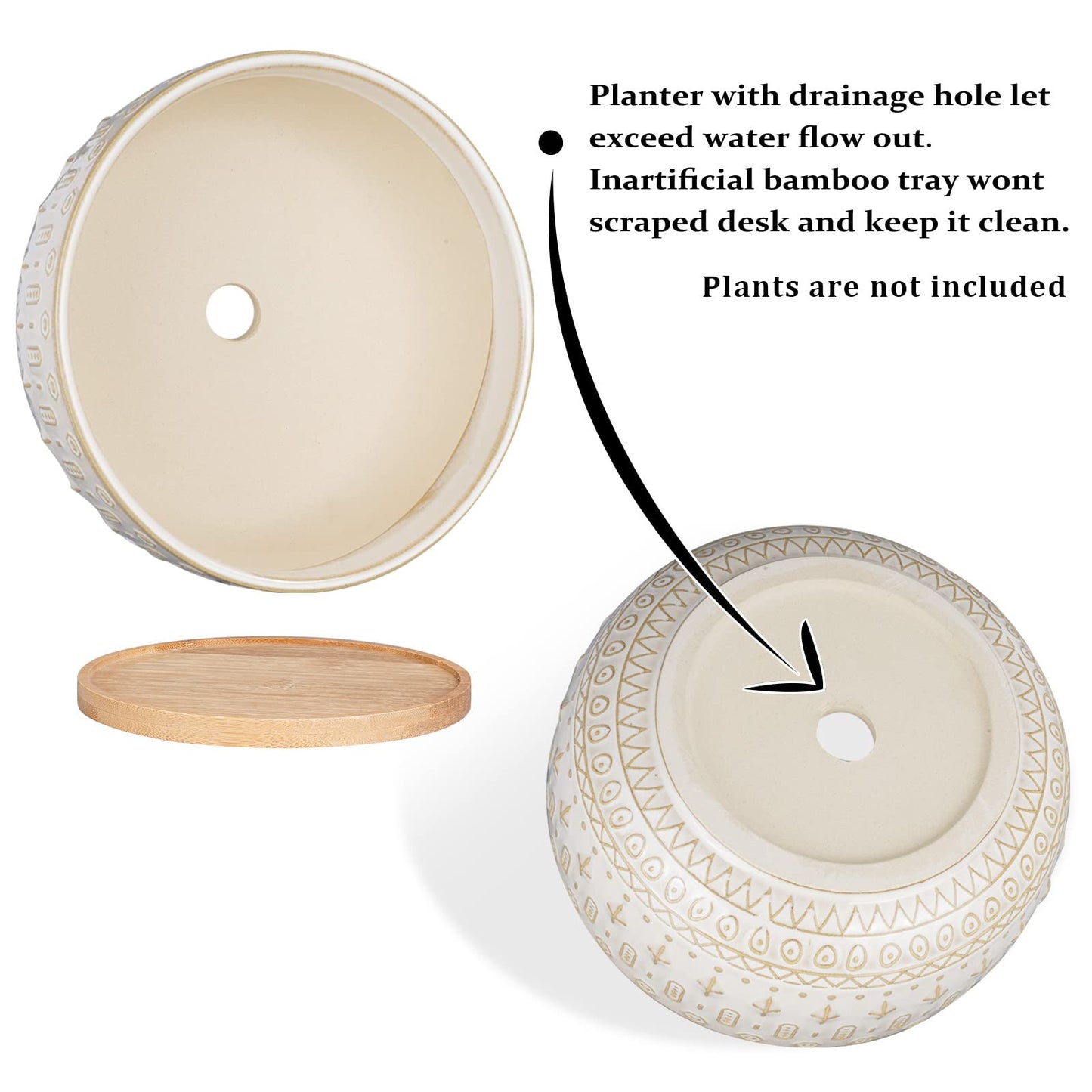 Fivepot 20.5CM Ceramic Succulent Planter Pots with Drainage Hole for Indoor Plants Round Shallow Bonsai Flower Pot with Bamboo Tray White