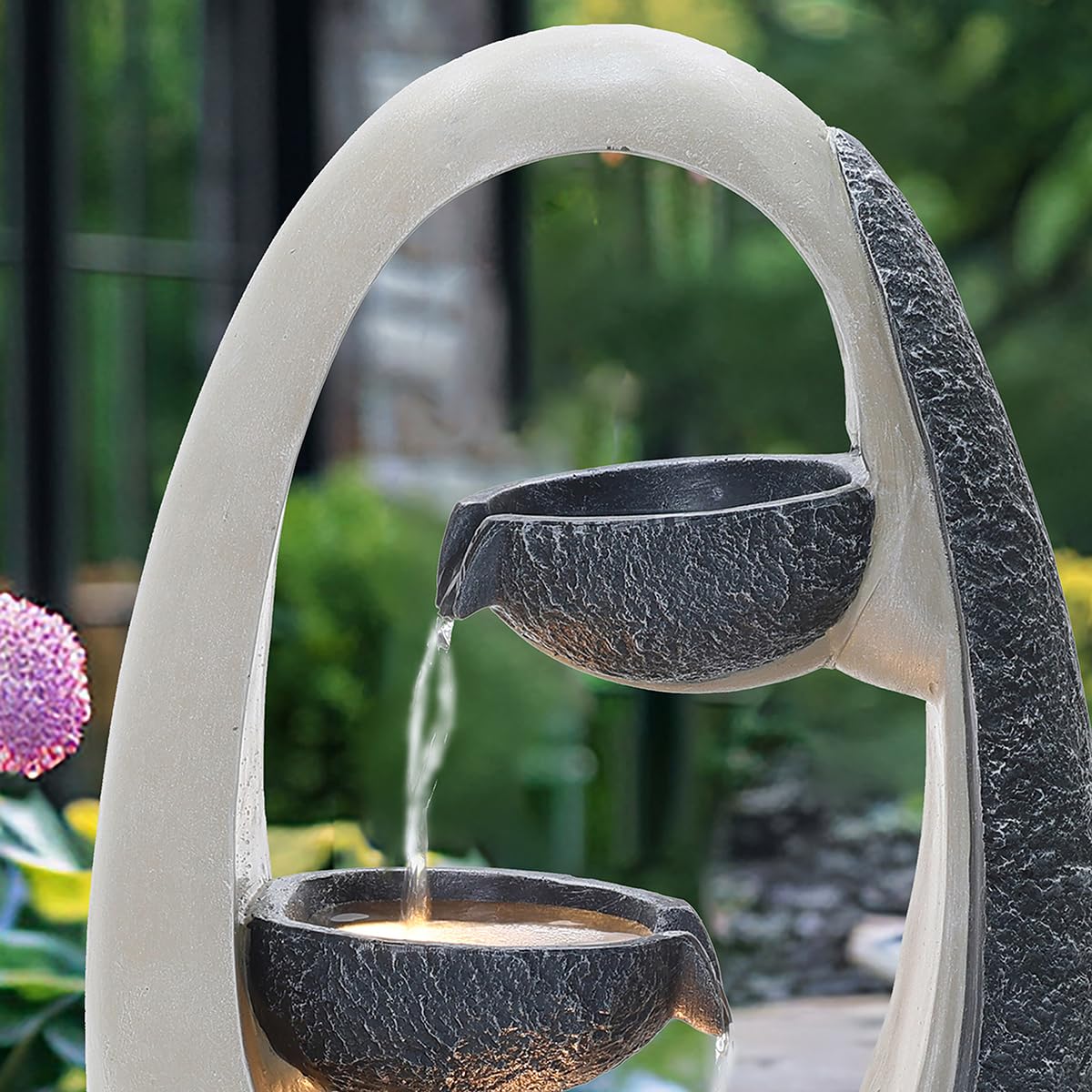 CHARLES BENTLEY 2 Tier Water Feature, UV Resistant, Weather Resistant, Mains Powered, Plug Included, Frost Resistant, Warm White, Water Fountain, Built In LED Lights, Oval Design (59.5x30x23.5cm)