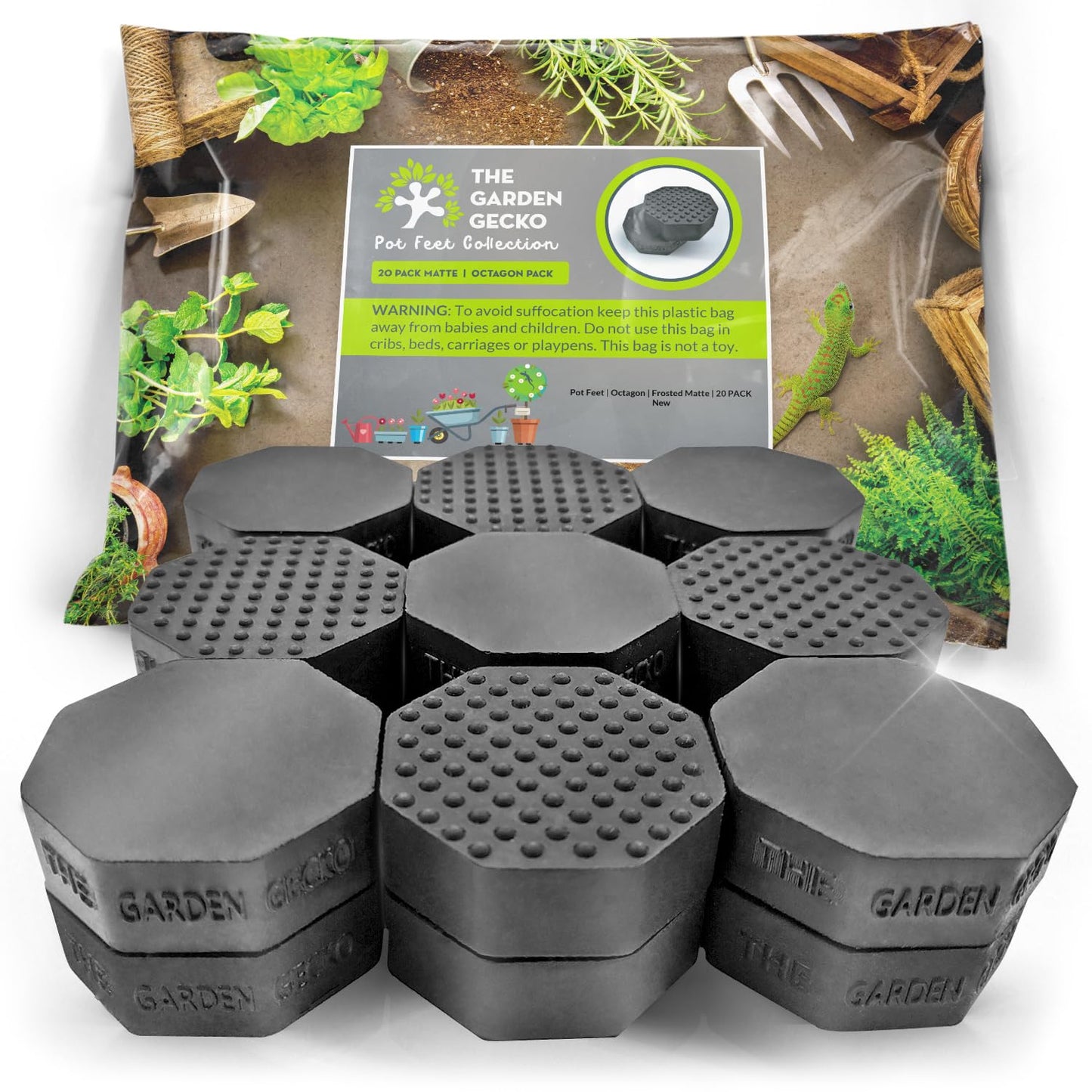 The Garden Gecko Invisible Pot feet for outdoor plant pots and flowers solid rubber pot risers with enhanced non-slip surface grip | 20 PACK | OCTAGON | FROSTED MATTE