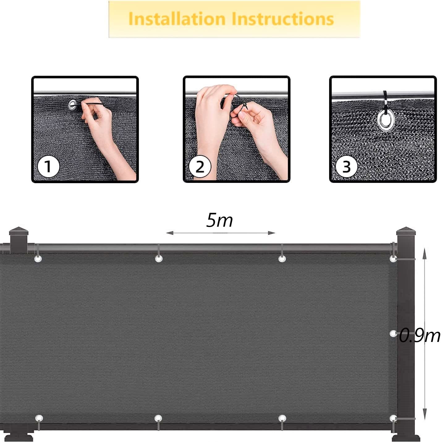 KAHEIGN Balcony Privacy Screen, 0.9m x 5m Patio Privacy Protective Screens 200g/m² HDPE 95% UV Block Porch Privacy Fence Cover for Backyard Deck Railing Pools - with Cable Ties and Rope