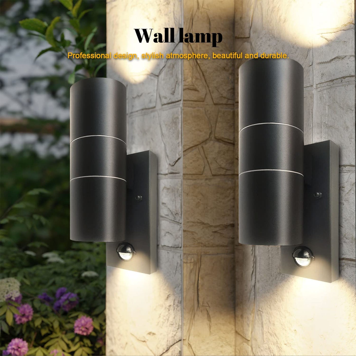 EXTRASTAR Black Outdoor Wall Lights PIR Motion Sensor, GU10 Base Double Up Down Exterior Wall Sconce, IP44 Stainless Steel Wall Light for Garden, Patio,Porch, Garage（Bulb not Included）