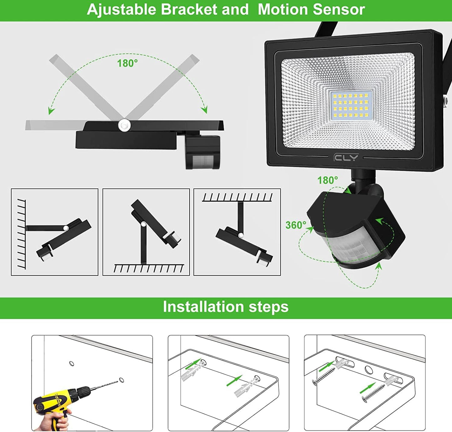 CLY 25W Security Lights Outdoor Motion Sensor, 2100 Lumen IP66 Waterproof LED Floodlight with Smart PIR Sensor, 6500K PIR Sensor Security Light, Outside Light with Sensor for Backyard, Garden, Doorway