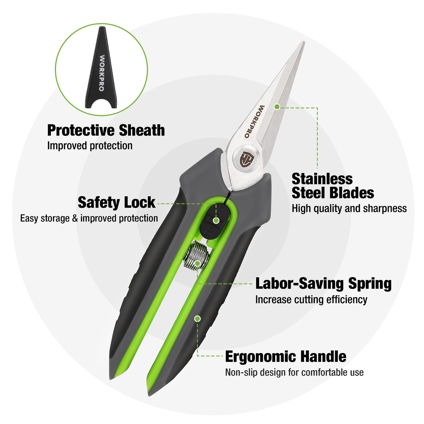 WORKPRO 2-Piece Secateurs & Pruning Scissors | Heavy Duty 210mm Bypass Secateurs with SK5 Blades and 160mm Shears | Labor-Saving Scissors with Safty Lock | Essential Garden Tools for Pruning Flowers