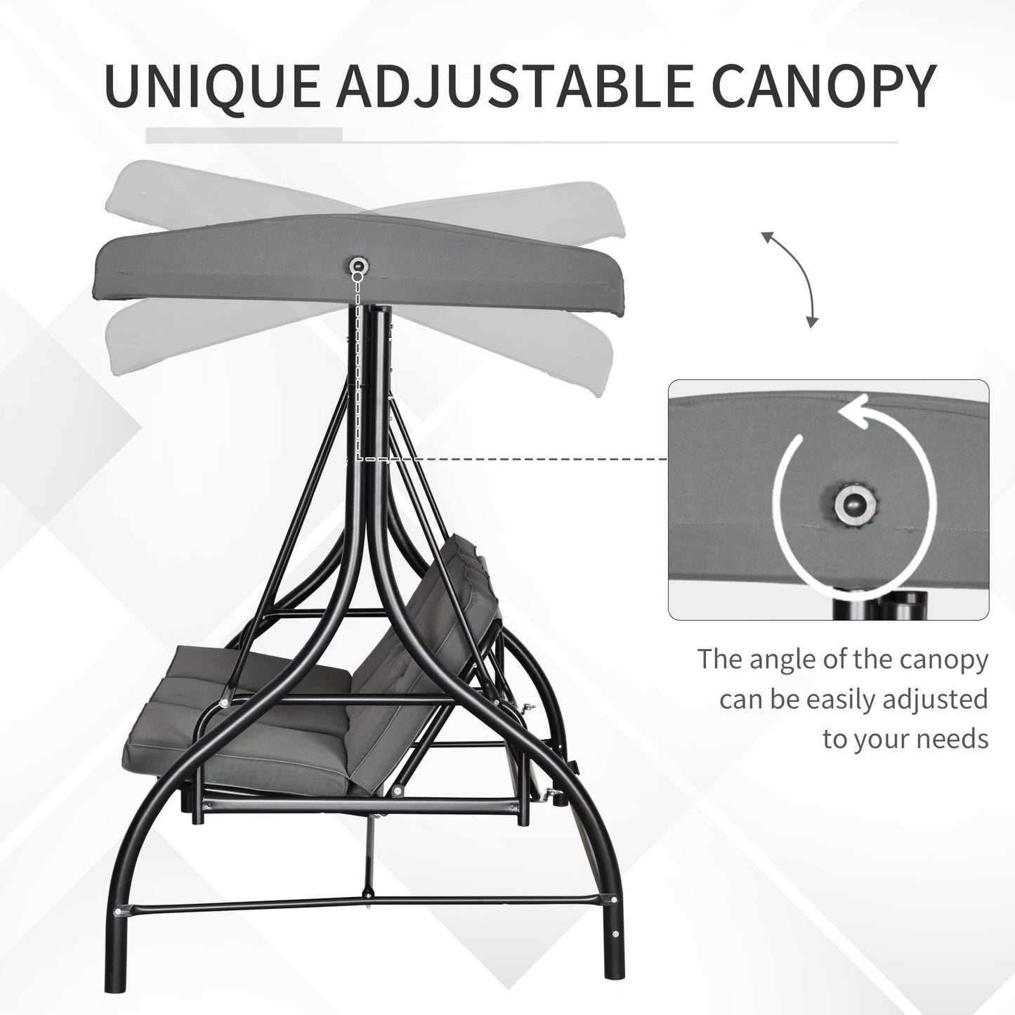 Outsunny 3 Seater Canopy Swing Chair Porch Hammock Heavy Duty 2 in 1 Garden Bench Lounger Bed with Metal Frame, Removable Cushion - Dark Grey