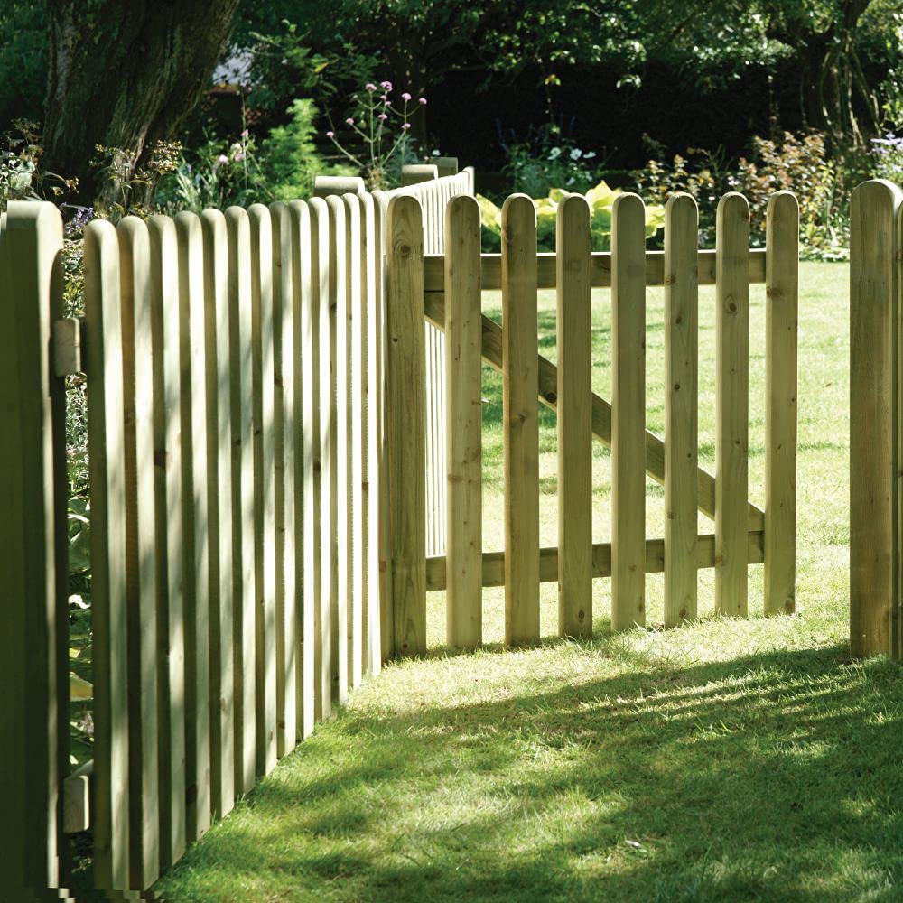 tradefirst Round Top Picket Garden Gates, Wooden Picket Fence Panels 3ft, Garden Gate 90cm Wide, FSC TANALISED Wooden Gate, Outdoor Gate H x L (90cm x 90cm)