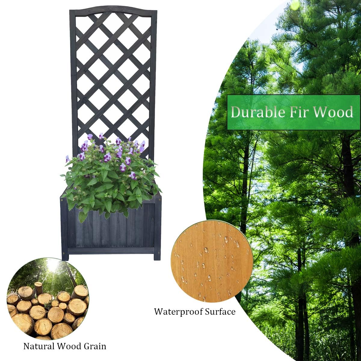 Wooden Planter with Lattice Trellis Panels for Vines Garden Climbing Plants Flowers, Free Standing Plant Pot Box for Garden Patio Raised Bed,L45 x W30 x H120 cm, Grey