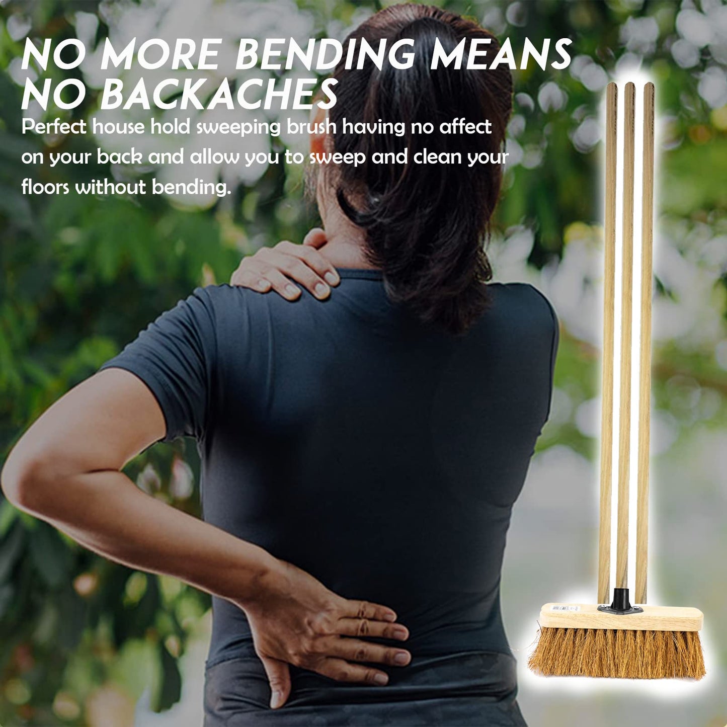 10” Soft Broom Indoor with Wooden Handle Natural Coco Bristles Sweeping Brush with Durable Support Bracket for Cleaning Any Surface Wooden Floor Decking and Paving Slabs (Pack of 1)