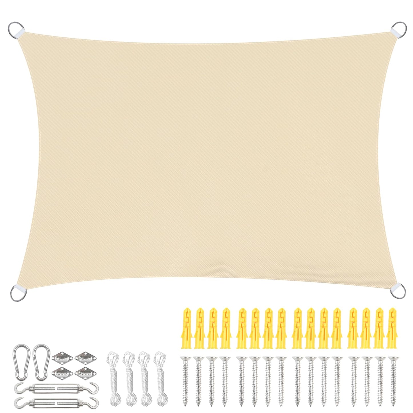 YedZen Rectangle Sun Shade Sail, 3x4m Off-White Waterproof Sunscreen with 304 Fixing Kit Awning Canopy, 420D Fabric 95% UV Block Sunscreen Awning Canopy with Free Rope for Outdoor Garden Patio Camping