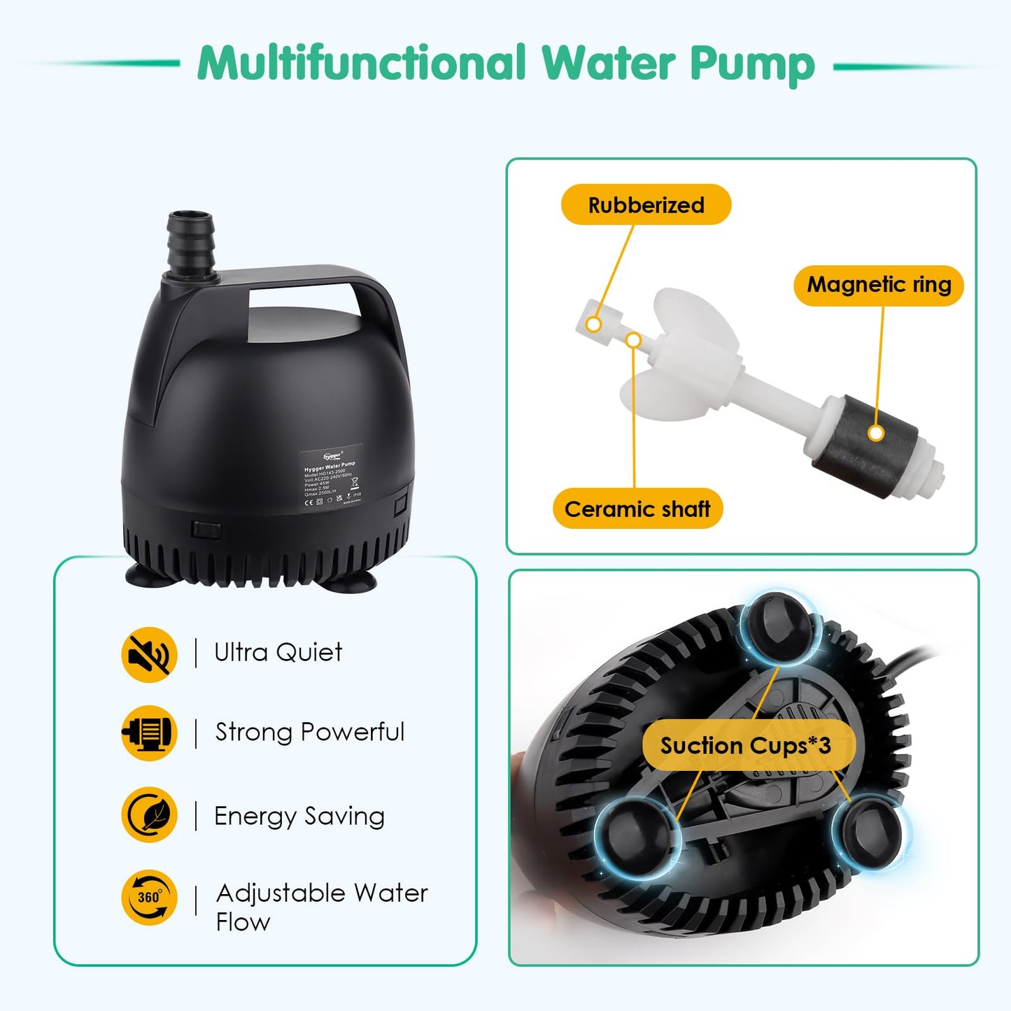 hygger Water Pump for Water Feature,1000L/H Submersible Water Pump for Fountain Pond Hydroponic Statuary Waterfall,18W Aquarium Water Change Pump with 2 Nozzles
