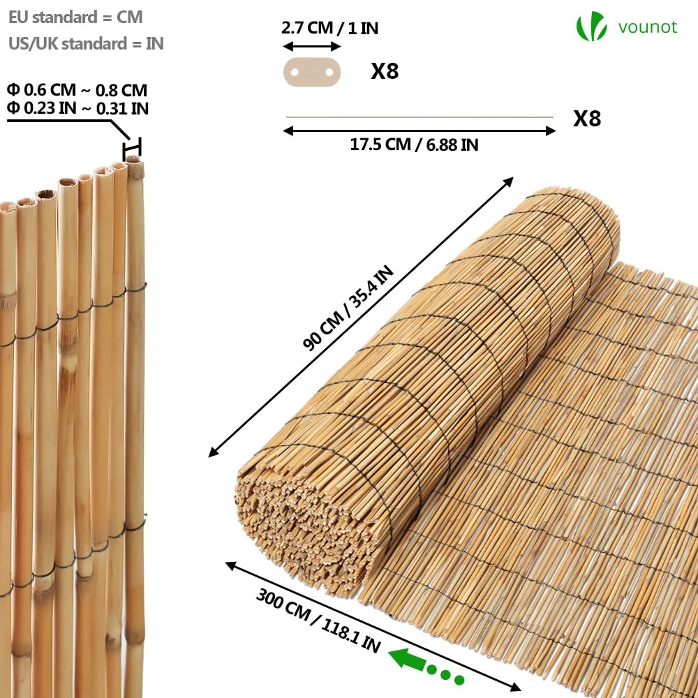 VOUNOT Natural Peeled Reed Fence 90x300cm Privacy Screen Roll with Fixing Clips Garden Panel Fence for Outdoor Garden Patio Balcony Wind/Sun Protection