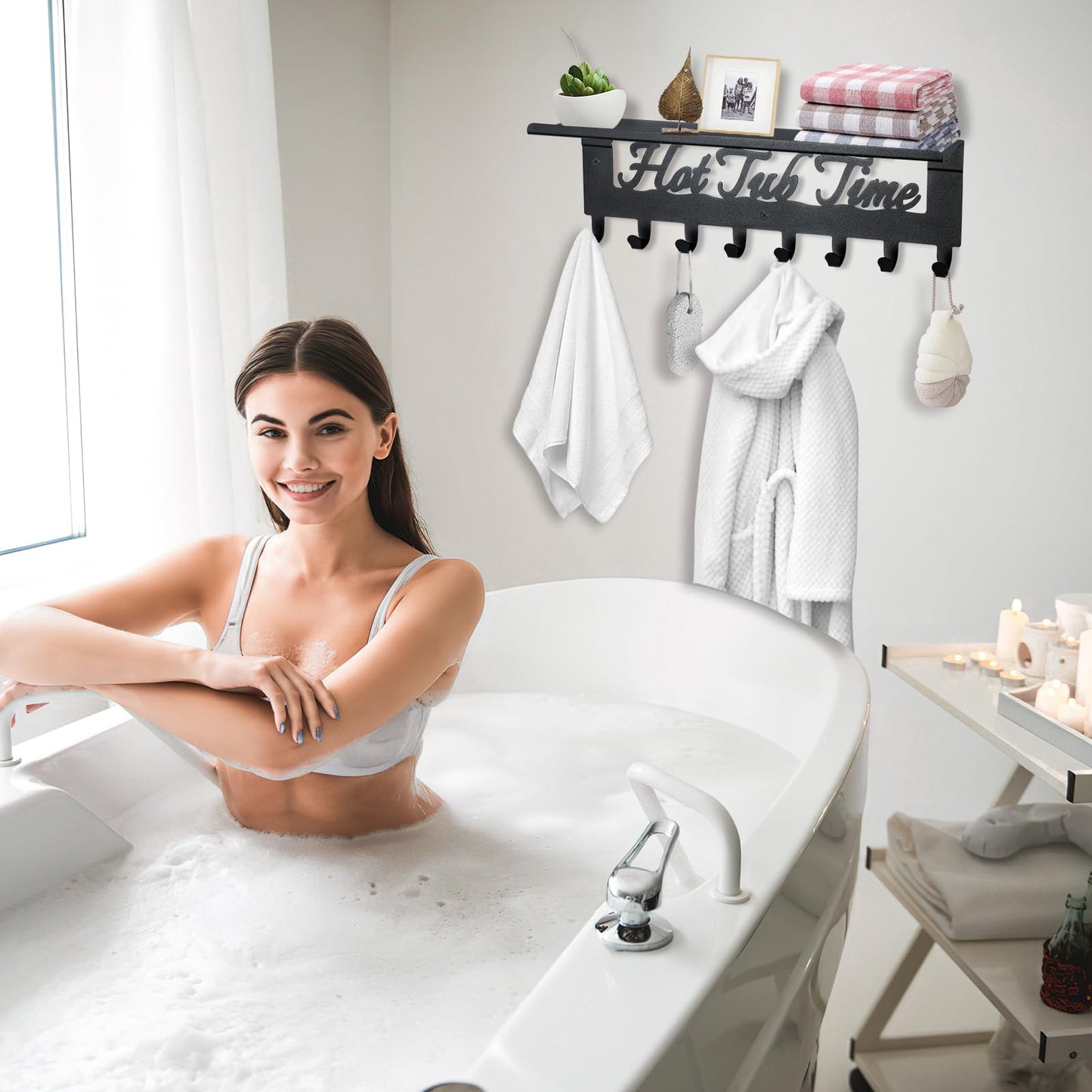 IBosins Towel Rack for Hot Tub with Shelf Bathroom Towel Holder 8 Hooks Towel Hanger Wall Mounted for Robes, Clothes, Towels - Hot Tub Accessories Outdoor