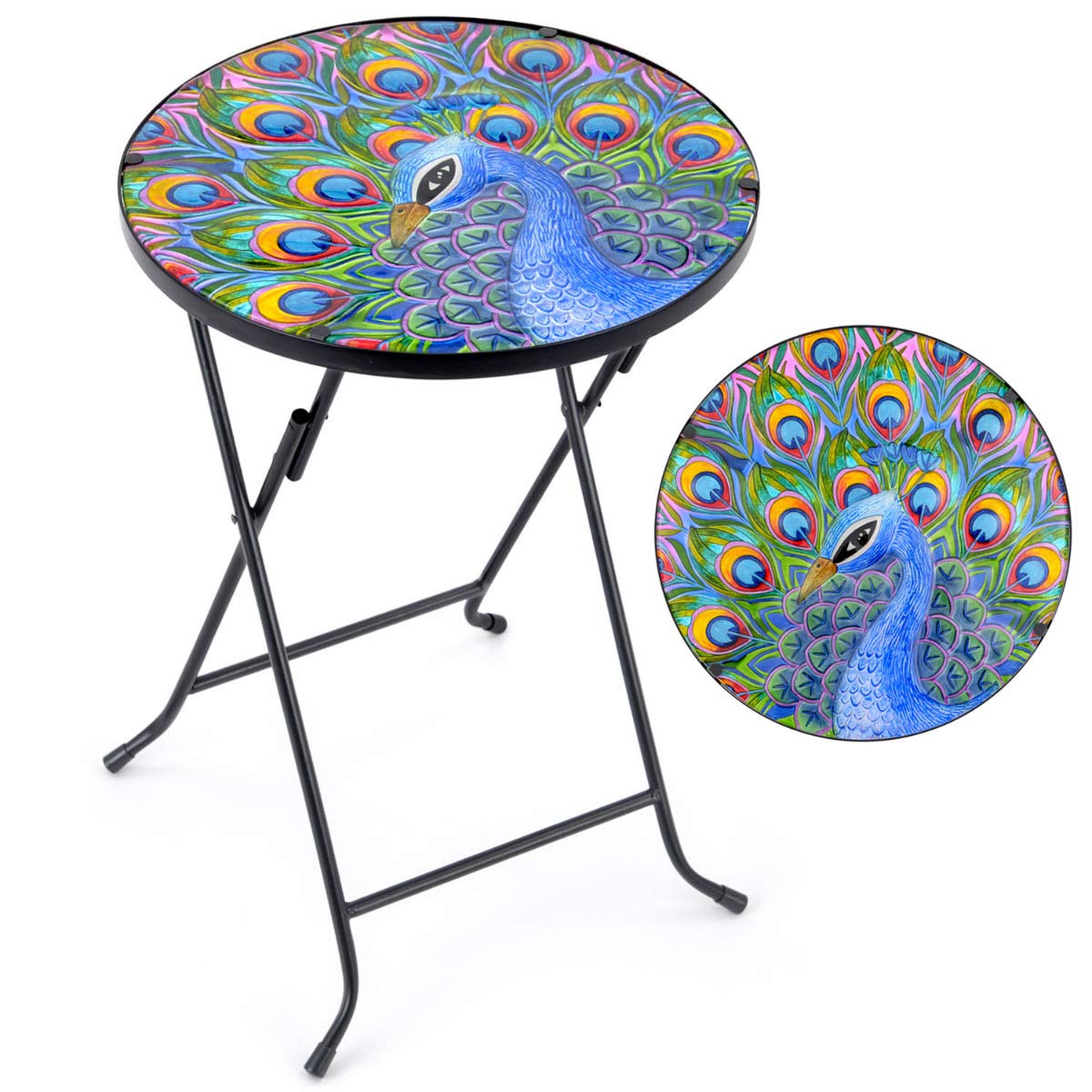 CHRISTOW Bistro Table Glass Top Round Folding Garden Patio Decoration Plant Stand (Painted Peacock)