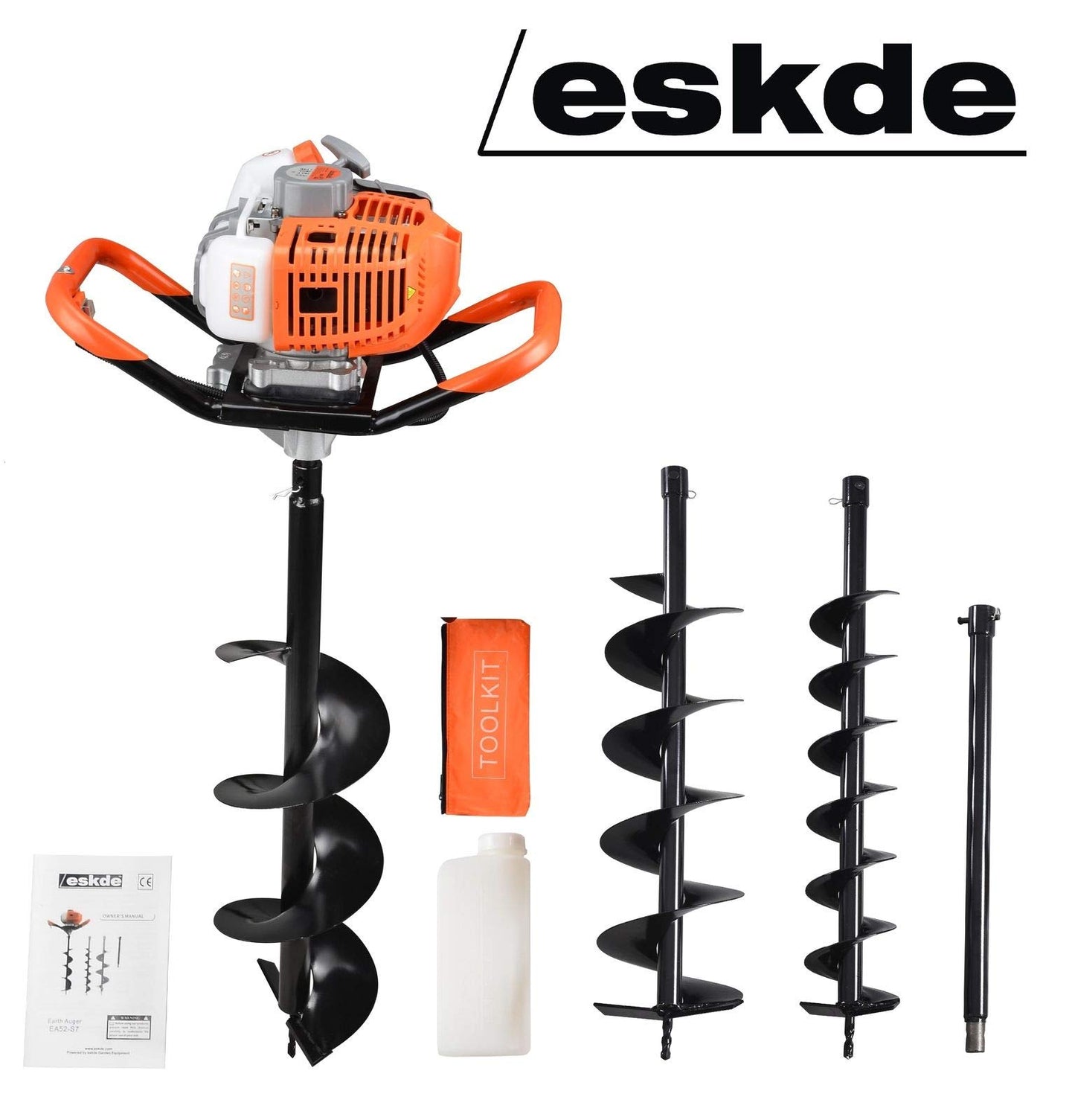 eSkde Heavy Duty 52cc ‎Petrol Earth Auger Fence Post Hole Borer Kit with 3 Drill Attachments (100mm, 150mm, 200mm Dia) and Extension