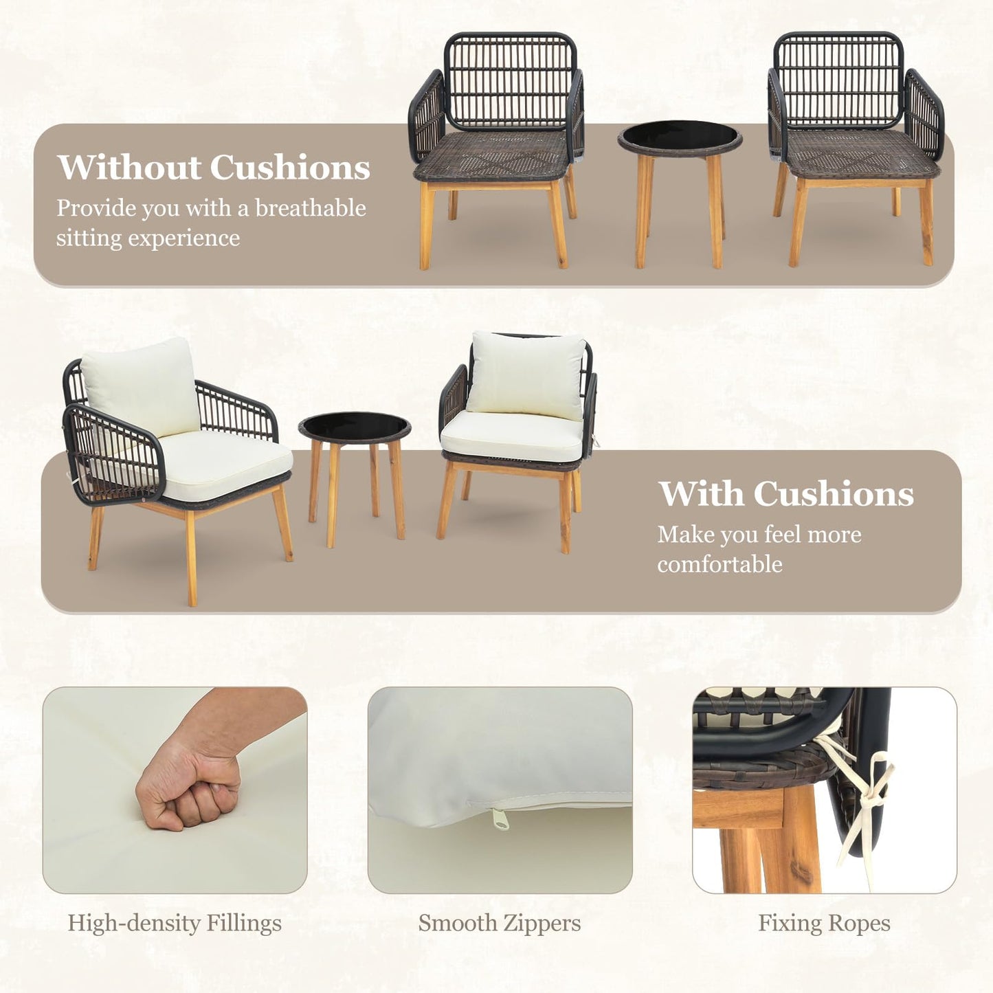 COSTWAY 3PCS Rattan Bistro Set, String Garden Furniture Set with 2 Armchairs, Glass Coffee Table, Cushions and Acacia Wood Legs, Outdoor Wicker Conversation Table Chair Set for Deck Yard Terrace