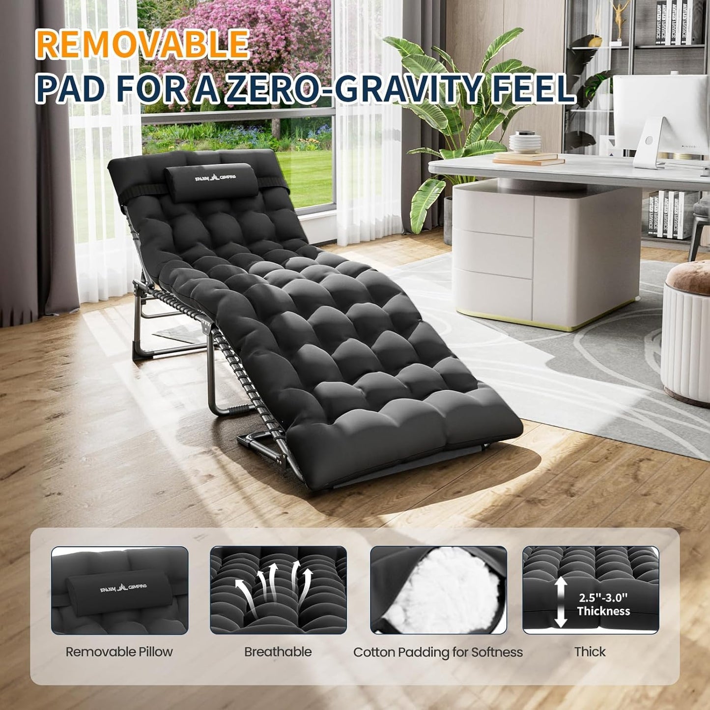 UDPATIO Padded Sun Lounger with Extra Cushion,Foldable Camp Bed With Adjustable Backrest Headrest,Oversize Garden Lounge Chair With Side Pockets Black