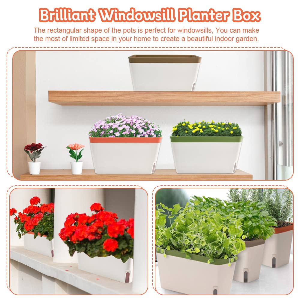 KARBAG Set of 3 Self Watering Plant Pots, 10.6inch Windowsill Herb Planter Box Rectangular Plastic Flowerpots Modern Decorative Flower Pot with Visual Water Level Window for Indoor Outdoor Patio