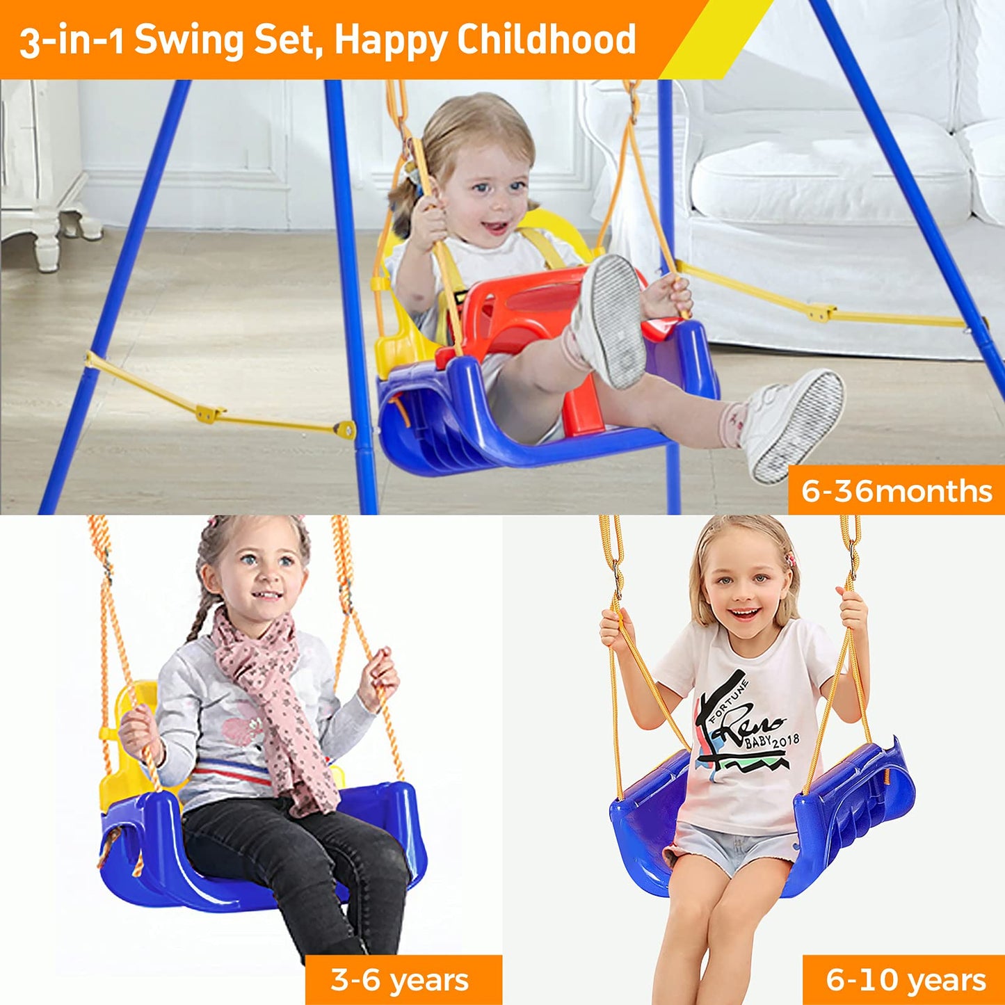 FUNLIO 3-in-1 Swing Set for Toddler with 4 Sandbags, Heavy-Duty Kid Swing Set with Safety Harness, for Garden, Indoor/Outdoor Play, Folding Metal Stand & Clear Instruction, Easy to Assemble & Store