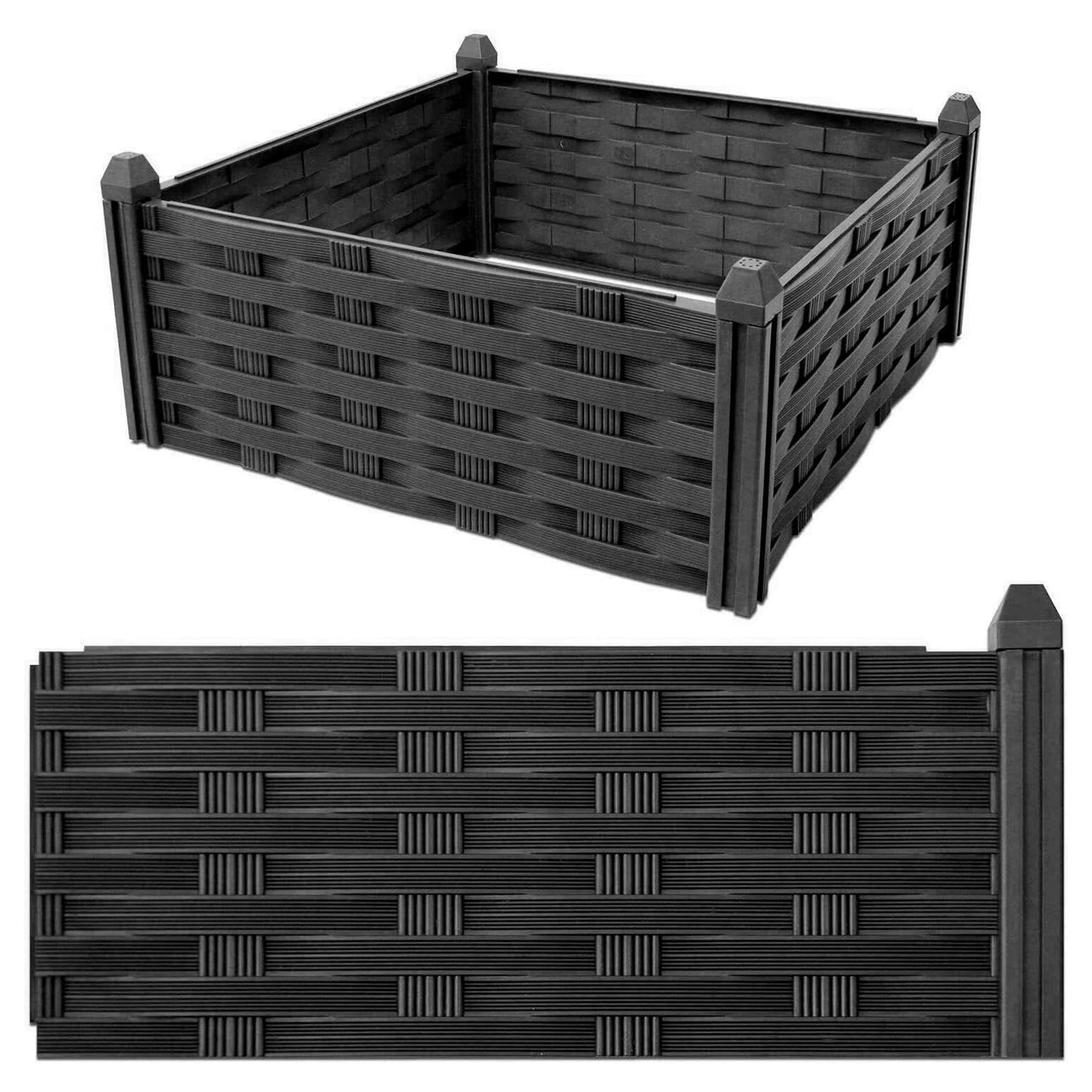Raised Flower Bed Garden Fence Lawn Edging Rattan Effect Pot Vegetable Planter, Outdoor Usage, Black 4 Piece