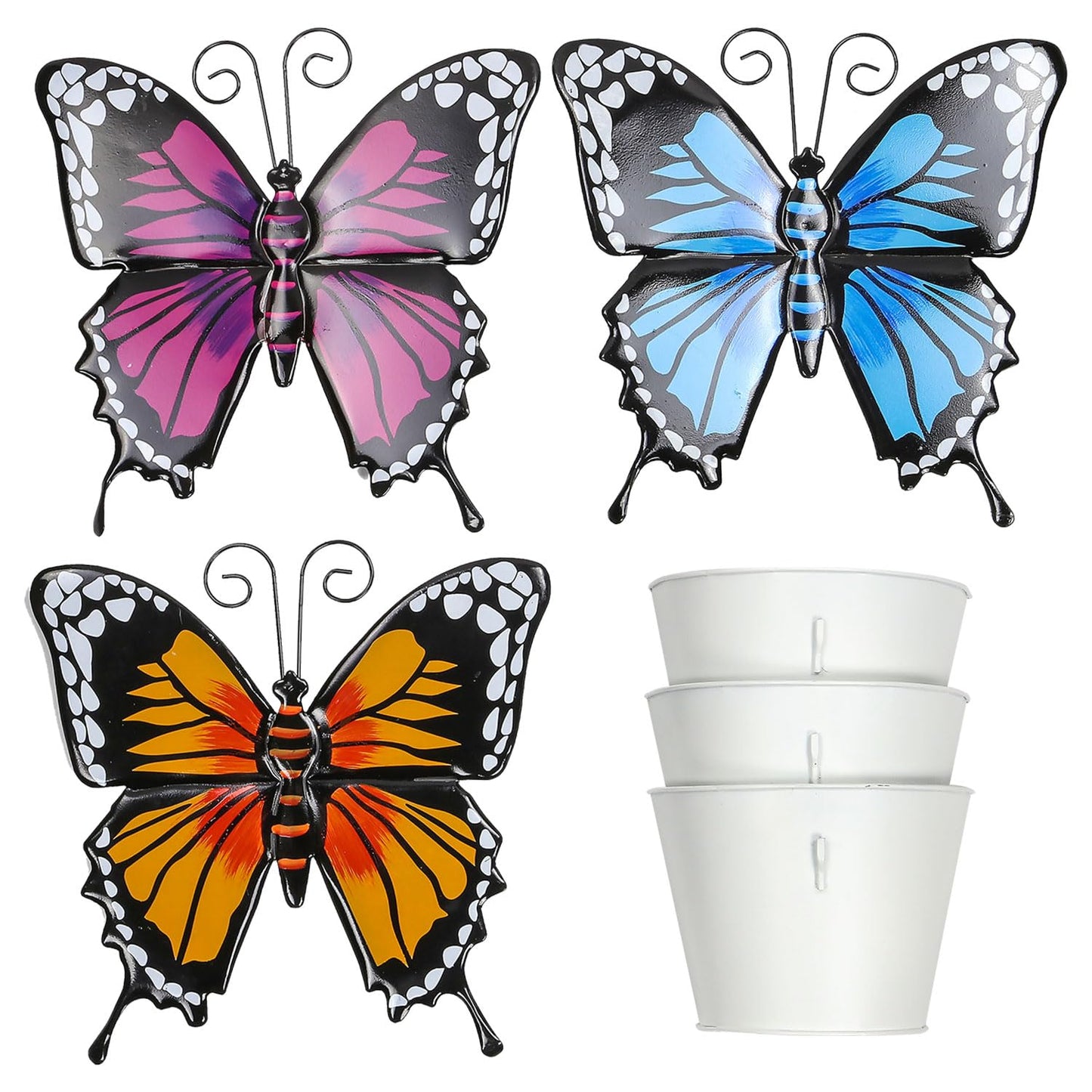 Taylor & Brown Set of 3 Metal Butterfly Wall Flower Pots Garden Ornaments Outdoor, Wall Art Big Butterfly Hanging Decorations for Outside Garden Shed Fence Yard, 27x27cm