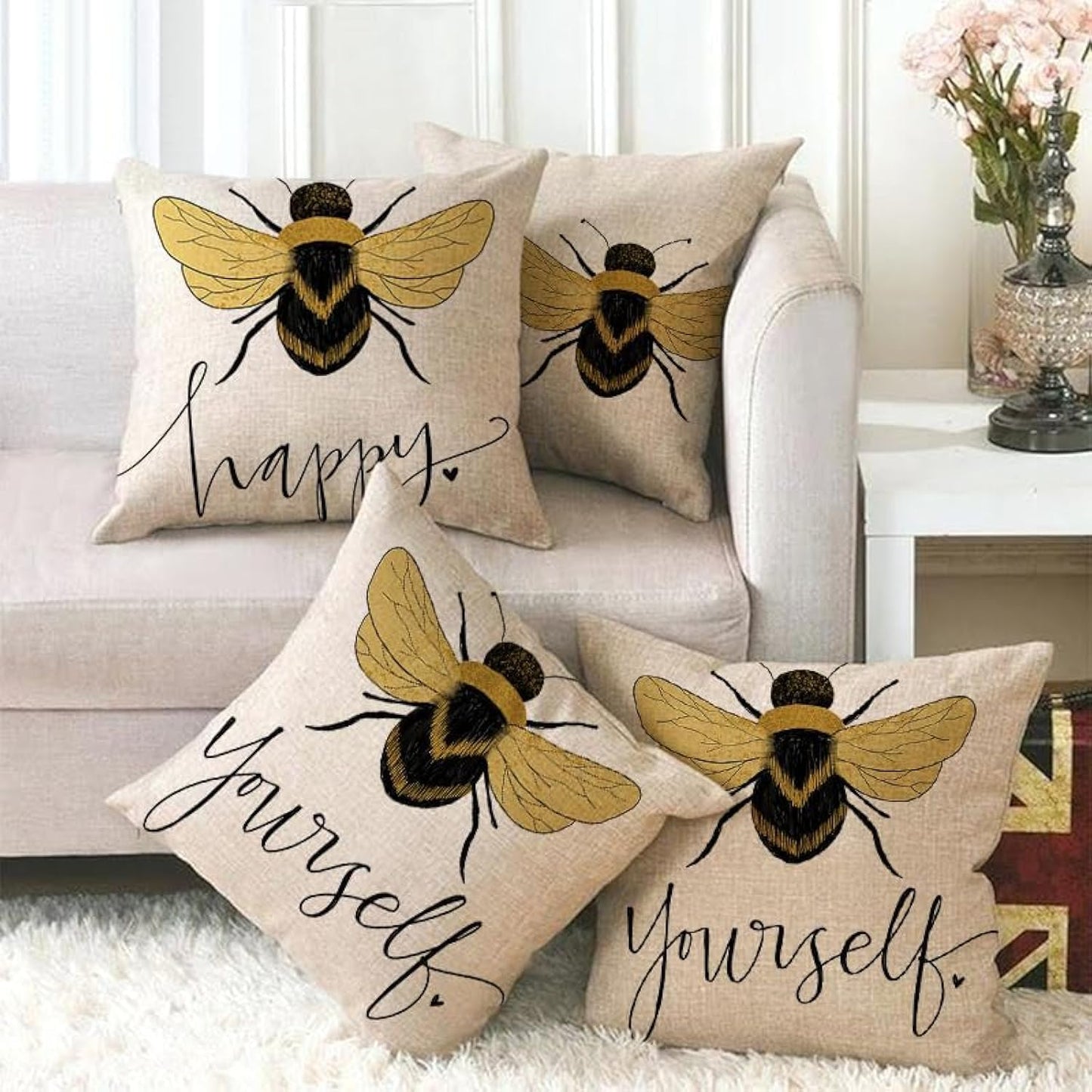 KUNQIAN Bee Cushions Cover Outdoor Waterproof Cushions Yellow Bee Pillow Covers Set of 4 Home Decorative for Sofa Linen Square Outside Office 18x18 Inch 45x45cm
