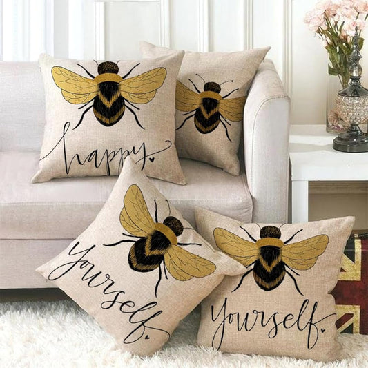 KUNQIAN Bee Cushions Cover Outdoor Waterproof Cushions Yellow Bee Pillow Covers Set of 4 Home Decorative for Sofa Linen Square Outside Office 18x18 Inch 45x45cm