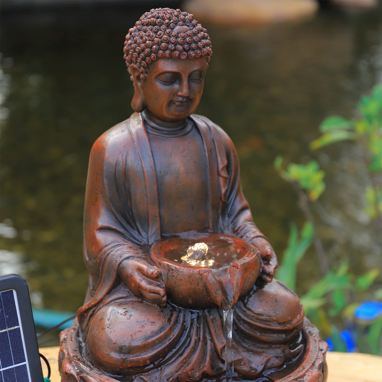 BTGGG Solar Powered Garden Water Feature Indoor/Outdoor Fountain Meditating Buddha Water Fountain Yard Garden Water Feature with LED Light Statues Patio Decoration