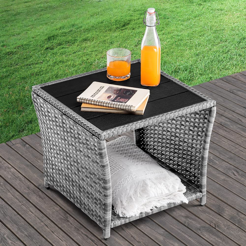 CASARIA® Polyrattan Garden Side Table WPC Table Top | 45x45x40cm 80kg Load Capacity | Weatherproof Outdoor Patio Deck Balcony Furniture Coffee Table | Adjustable Levelling Feet | Grey