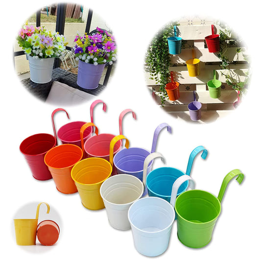 GIOVARA Metal Flower Pot Vase Bucket Hanging Garden Planter without Drainage Hole, Balcony Home Decor, Detachable Hook (10 Pcs with Assorted 10 Colours,17x10x8cm)