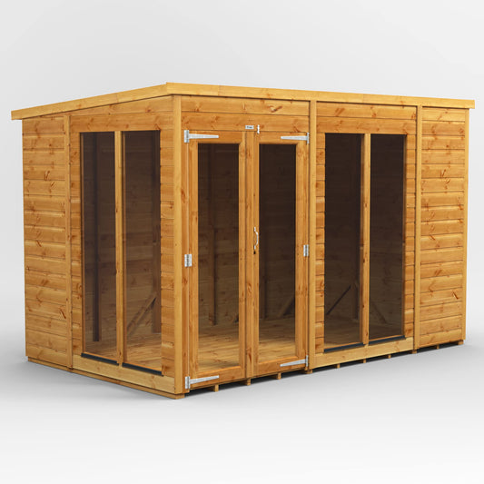 Powersheds High Grade Premium Pent Summer House Wooden Shed with PVC Window sills, Door & Window Flexibility, made from 12 mm Extra Thick Timber & Toughened Glass
