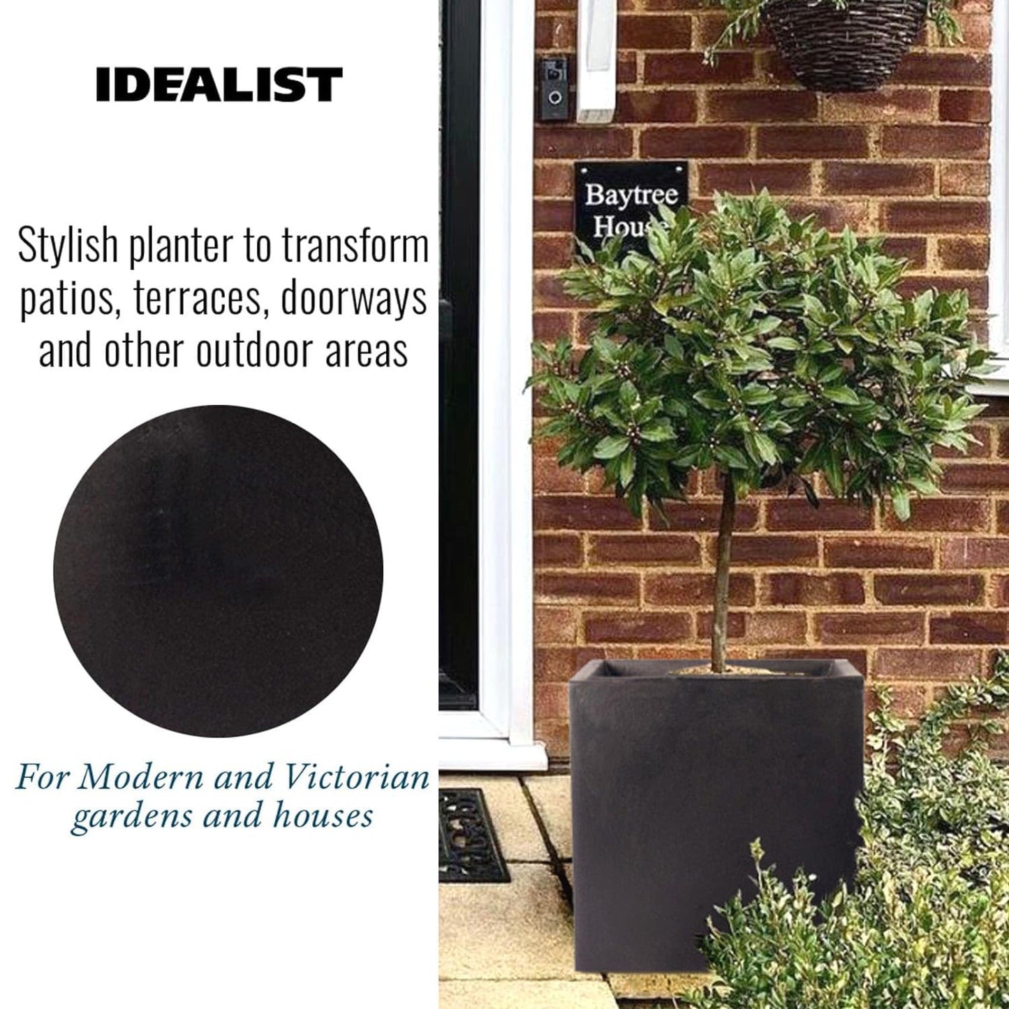 IDEALIST 50cm Large Square Planter for Trees | Black Reinforced Stone Flower Pot with Drainage Holes L50 W50 H50.5 cm, 92 litres