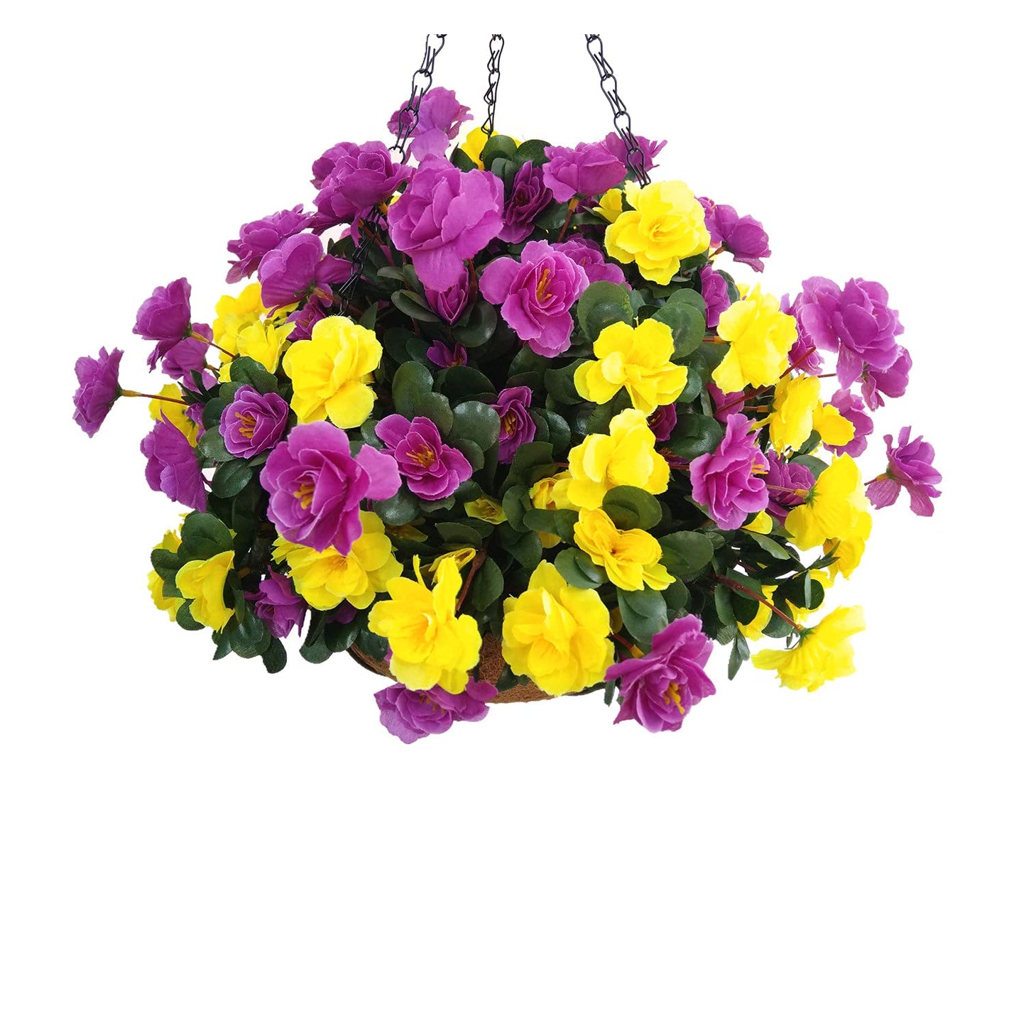 Indoors And Outdoors Decoration Artificial Big Azaleas Yellow And Purple Silk Flowers Plant Cute DIY Chain Hanging Basket With Flower Pot (Big Basket)