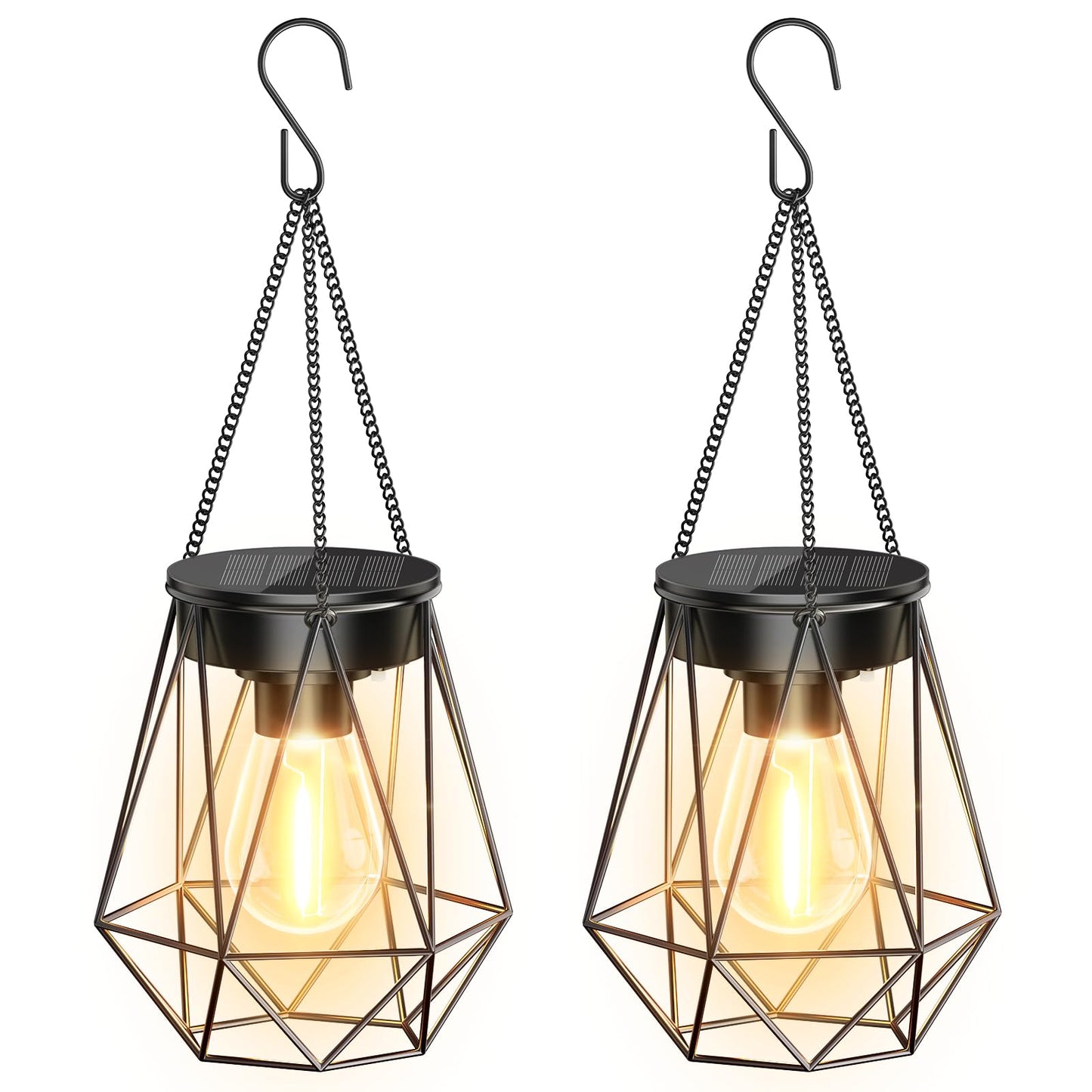 RECHOO Solar Lights - 2 Pack Hanging Garden Lanterns, Metal Warm White Waterproof Outdoor Lanterns for Decoration, Pathway, Patio