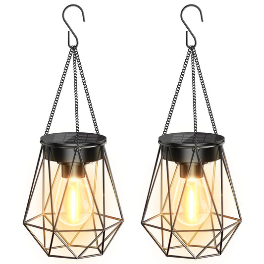 RECHOO Solar Lights - 2 Pack Hanging Garden Lanterns, Metal Warm White Waterproof Outdoor Lanterns for Decoration, Pathway, Patio