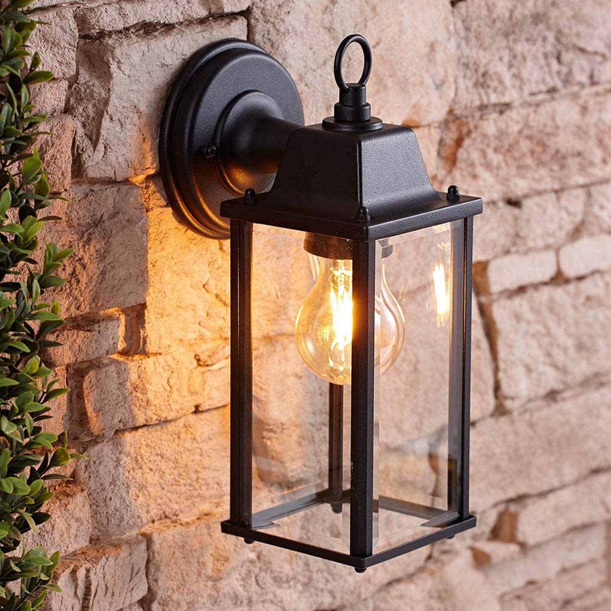 CGC Lighting Outdoor Outside Wall Light Mains Power Bevelled Glass Coach Lantern Porch Garden Decorative Lamp Fixture Waterproof (Black)