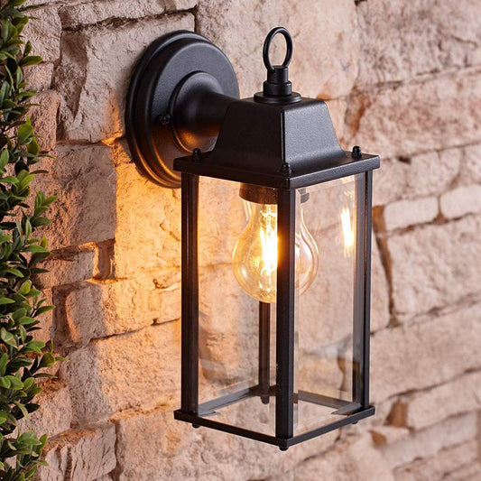 CGC Lighting Outdoor Outside Wall Light Mains Power Bevelled Glass Coach Lantern Porch Garden Decorative Lamp Fixture Waterproof (Black)