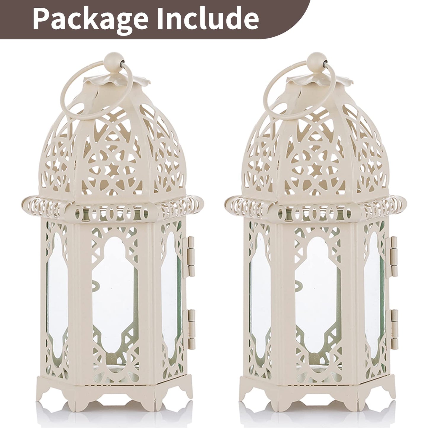 NUPTIO Ramadan Lantern Decorations for Home: Metal Glass Moroccan Tealight Candle Holder Eid 2 Pcs Fanoos Ramadan Wedding Table Decoration Hanging Patio Indoors Outdoors, White
